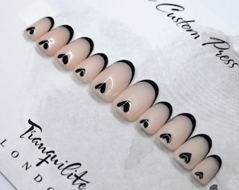 Thin French Tip With Black Heart Press On Nails | Nails | False Nails | Fake Nails | Stick On Nails | Short Oval