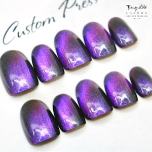 Czarny Fioletowy Aura Kocie Oko Styl Naciskany Paznokcie | Paznokcie | Sztuczne Paznokcie | Sztuczne Paznokcie | Naklejane Paznokcie | Krótki Owalny