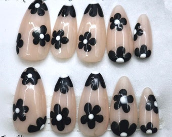 Black & White Nude Base Press On Nails | Nails | False Nails | Fake Nails | Stick On Nails | Gel Polish | Short Oval | Almond