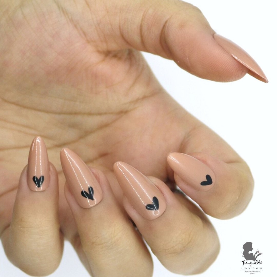 Nude Brown With Black Heart Press on Nails Nails False - Etsy Norway