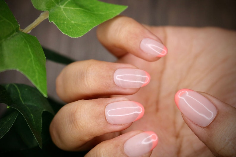 Peach Orange French Natural Press On Nails Nails False Nails Fake Nails Stick On Nails Short Oval image 1