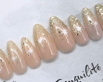 Sheer Golden Glitter Ombre With White Star Press On Nails | Nails | False Nails | Fake Nails | Stick On Nails | Medium Almond