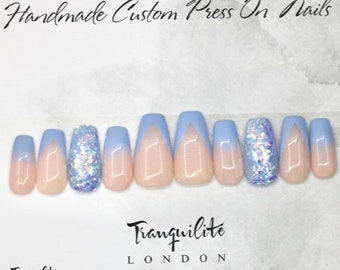 French Ombre Glitter Twist Baby Blue Press On Nails | Nails | False Nails | Fake Nails | Stick On Nails | Medium Coffin