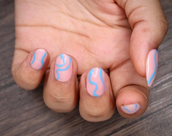 Bright Summer Blue Line Art Press On Nails | Nails | False Nails | Fake Nails | Stick On Nails | Short Oval