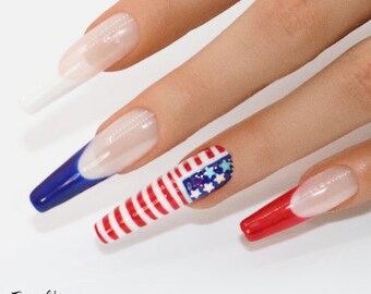 U.S.A Inspired Flag French Manicure Nail Press On Nails | Nails | False Nails | Fake Nails | Stick On Nails | Short Oval