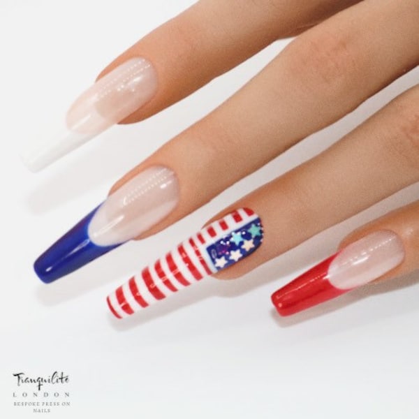 U.S.A Inspired Flag French Manicure Nail Press On Nails | Nails | False Nails | Fake Nails | Stick On Nails | Short Oval