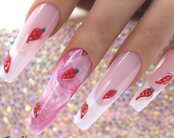 Strawberry Cream French Press On Nails | Nails | False Nails | Fake Nails | Stick On Nails | Long Coffin