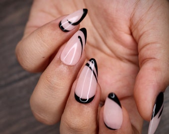 Black And Natural Abstract Line Detailing Art Press On Nails | Nails | False Nails | Fake Nails | Stick On Nails | Medium Almond