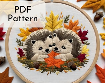Two Hedgehogs Holding Leaf Embroidery Pattern: Whimsical Autumn, Fall Home Decor, 6 Hoop Sizes