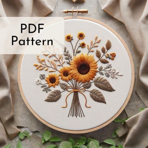 秋の花のひまわりの花束刺繍パターン、秋の花のフープアートデザイン、ロマンチックな手刺繍PDFデザイン、かわいい家の装飾