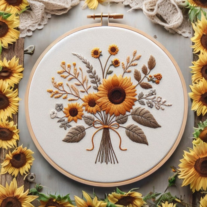 Sunflower Bouquet Embroidery Pattern: Autumn Flowers, Fall Floral Hoop ...