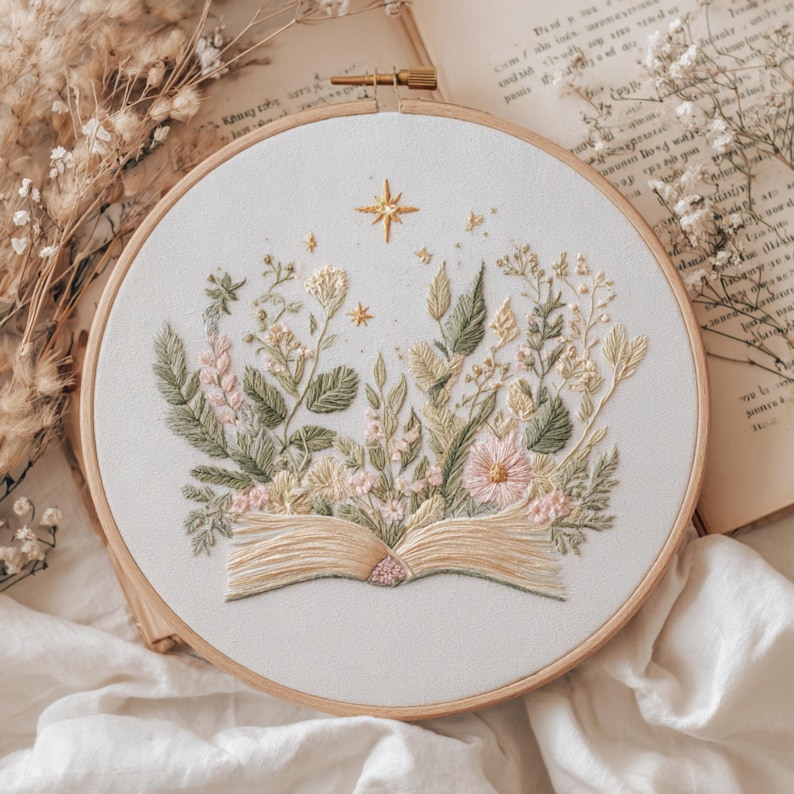 Floral Book Embroidery Pattern featuring an open book surrounded by delicate pastel flowers and soft glowing stars. This dreamy and cozy design is perfect for book lovers, reading corner decor, and those who enjoy peaceful, aesthetic embroidery projects. Ideal as a handmade gift for literary fans or anyone who loves gentle, pastel artwork. Includes 6 hoop sizes and easy instructions for all skill levels.