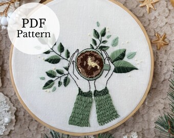 PDF Pattern - cozy coffee time - full tutorial, easy beginner embroidery, digital tutorial, nature embroidery, warming cafe on Christmas