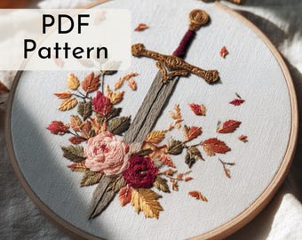 Sword & Roses Embroidery Pattern: Fantasy books, Dark Romance, Fantasy Lover Gift, 6 Hoop Sizes