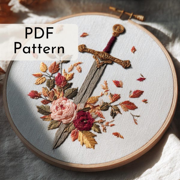 Sword & Roses Embroidery Pattern: Fantasy books, Dark Romance, Fantasy Lover Gift, 6 Hoop Sizes