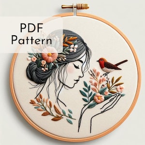 Natuurliefhebbend meisje met borduurpatroon bloemen en vogel - charmant bloemdessin, modern interieur, pdf-doe-het-download, lineaire kunst