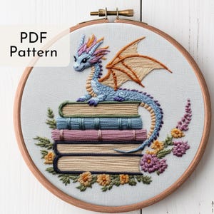 以下が含まれることがあります： 青いオレンジ色の刺繍されたドラゴンが、花柄の縁取りが施された本の束の上に座っています。刺繍は白い布地に施され、木製の輪で囲まれています。