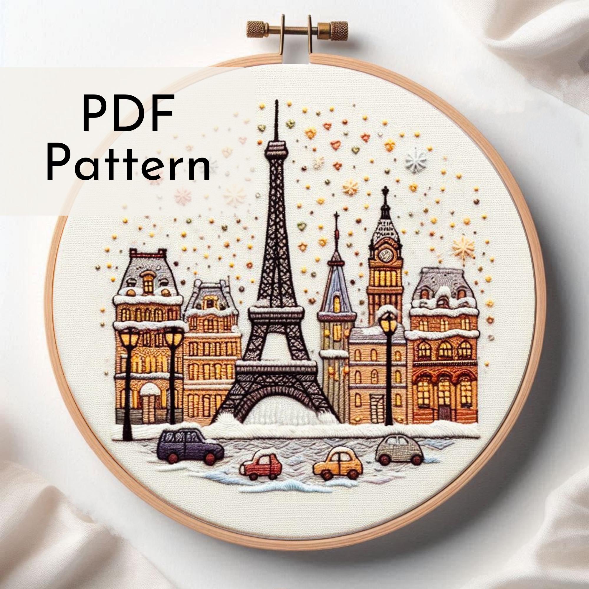 Snowy Paris Panorama Embroidery Pattern: Eiffel Tower Winter Scene, Holiday Decor, 6 Hoop Sizes