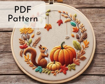 Squirrel & Pumpkins Embroidery Pattern: Autumn Hand Embroidery, Harvest Design, Fall Decor, 6 Hoop Sizes