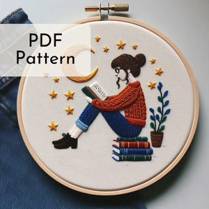 Book Lover Embroidery Pattern: Celestial Moon, Stars & Plants, Relaxing Gift, 6 Hoop Sizes
