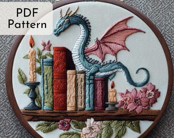 Fantasy Dragon Embroidery Pattern: Book Shelf, Dark Romance, Fantasy Lover Gift, 6 Hoop Sizes
