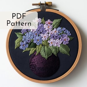Lilac Embroidery Pattern Flower Bouquet Wall Art Dark Vase Hand Embroidery PDF Spring Stitching Pattern Floral Home Decor Purple Gift