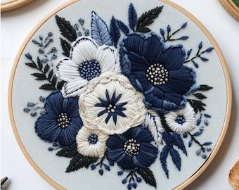 花柄刺繍 円形インテリア 青い花束の刺繍パターン：花の壁アート、手刺繍、エレガント、6つの