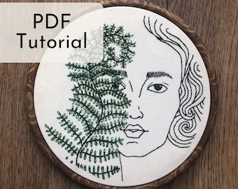Schritt-für-Schritt Farn Mädchen Stickanleitung: Boho Dekor, Geschenk für Naturliebhaber, Blumengesicht Linie Kunst