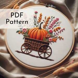Herbstliche Holzkarre mit Kürbis und Blumen Stickmuster - Ernte Ernte Handstickerei, Herbst Dekor, PDF-Download, Soft Design