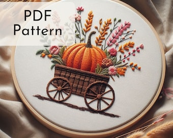 Autumn Pumpkin Cart Embroidery Pattern: Harvest Hand Embroidery, Fall Home Decor, 6 Hoop Sizes