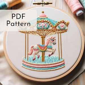 May include: A PDF pattern for an embroidery project featuring a colourful carousel horse. The horse is white with pink, blue and yellow accents. The carousel is decorated with flowers and lights.