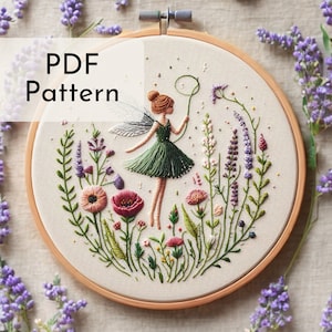 Dancing Fairy with Flowers Embroidery Pattern - Whimsical Hand Embroidery Design, modern, calm, floral, fantasy beginner embroidery