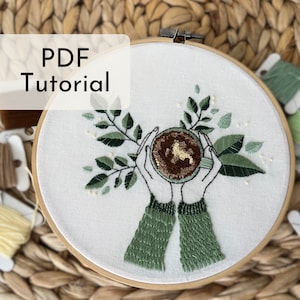 Warm Coffee Embroidery Step-By-Step Tutorial Easy Nature Beginner Embroidery Pattern Coffee Lover Gift For Him Green Decor Soft