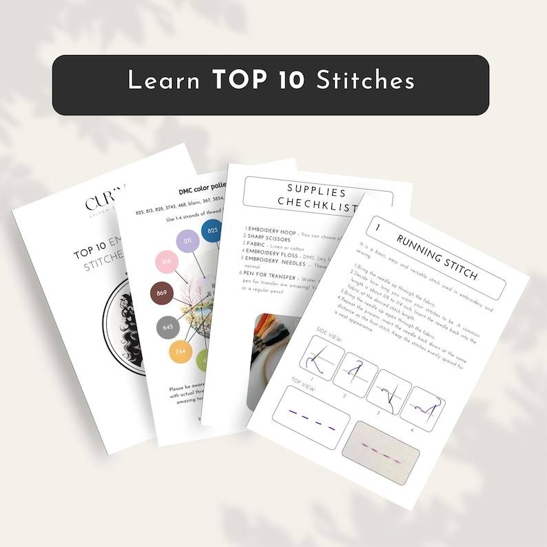 May include: A stack of white instructional pages with the text "Learn TOP 10 Stitches". The pages include a DMC color palette, a supplies checklist, and instructions for a running stitch. The pages are for embroidery.