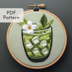 Iced Matcha Latte Embroidery Pattern: Green Tea Hand Embroidery, Bali Decor, 6 Hoop Sizes