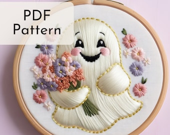 Cute Ghost Holding a Flower Bouquet Embroidery Pattern. Perfect Halloween - themed pink decor. Fall Hoop Art PDF. Modern DIY, trendy pattern