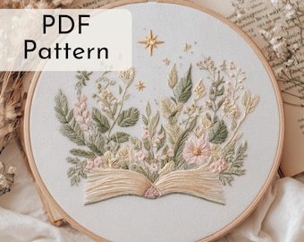 Patrón de bordado floral para libros: Decoración acogedora para la lectura, flores pastel, amantes de los libros, 6 tamaños de bastidor