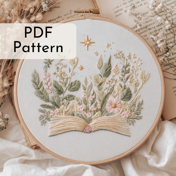 Floral Book Embroidery Pattern: Cozy Reading Decor, Pastel Flowers, Book Lover, 6 Hoop Sizes
