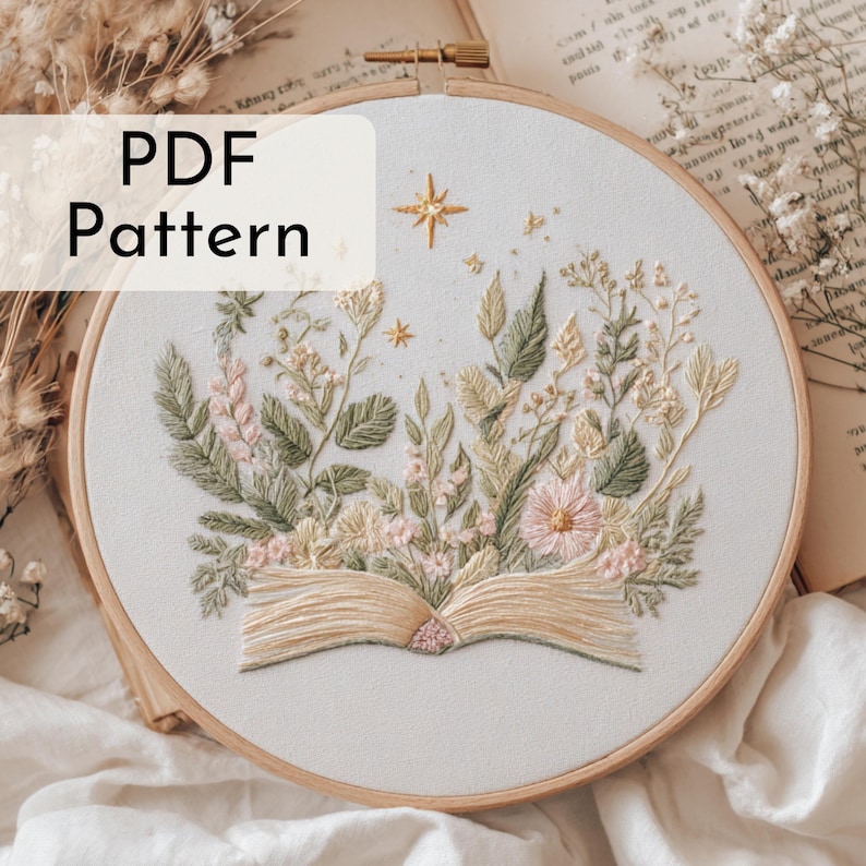 Floral Book Embroidery Pattern featuring an open book surrounded by delicate pastel flowers and soft glowing stars. This dreamy and cozy design is perfect for book lovers, reading corner decor, and those who enjoy peaceful, aesthetic embroidery projects. Ideal as a handmade gift for literary fans or anyone who loves gentle, pastel artwork. Includes 6 hoop sizes and easy instructions for all skill levels.