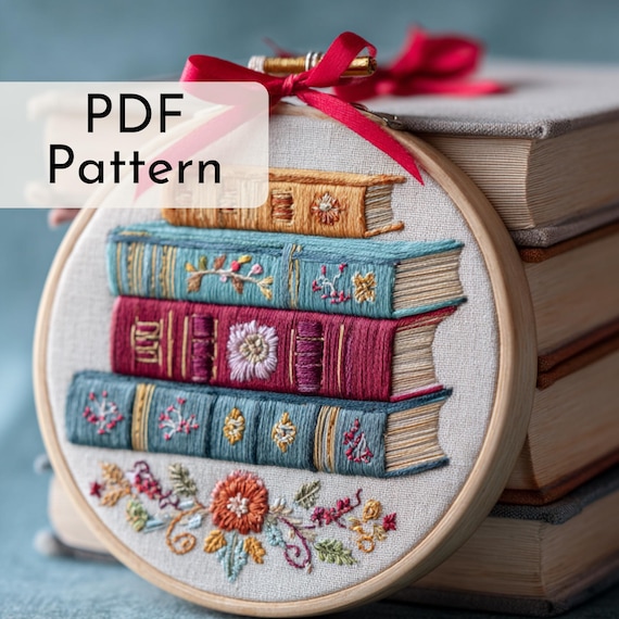Colourful Book Stack Embroidery Pattern: Reading Lover Gift, Library Decor, 6 Hoop Sizes