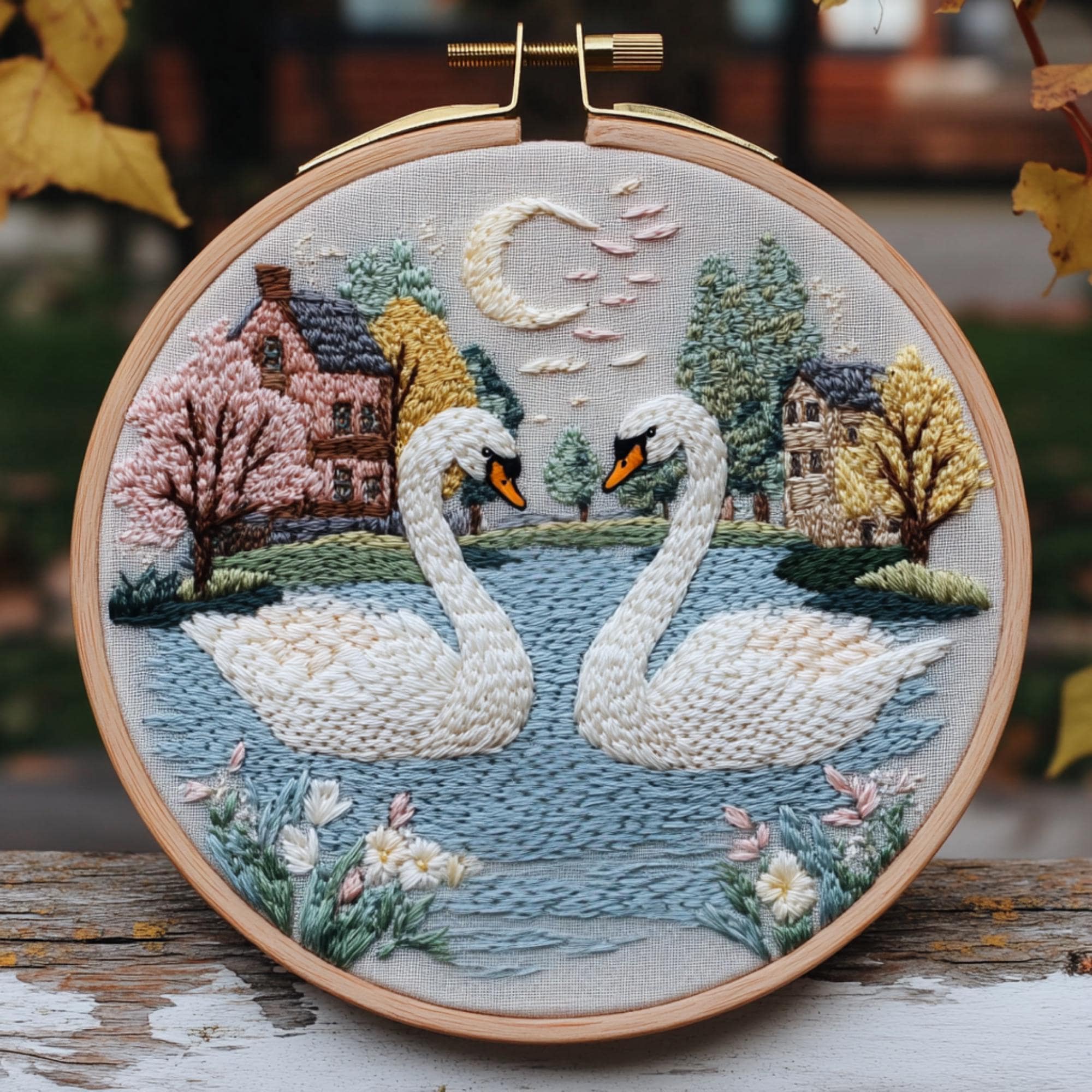 アンティーク 刺繍 絵画 アート 風景画 白鳥 湖 湖畔 壁掛け 壁飾り 額装 白鳥の湖の刺繍パターン：自然の村の壁アート、初心者向け、6つの