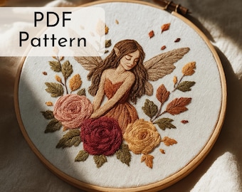 Autumn Fairy Embroidery Pattern: Romantic Fantasy Design, Roses, Cozy Fall Decor, 6 Hoop Sizes