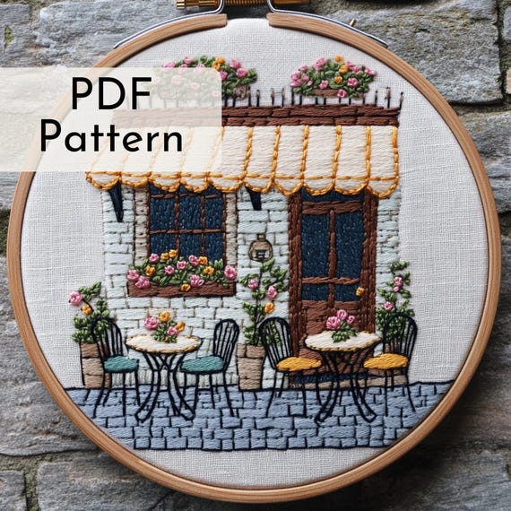 Italian Caffe Embroidery Pattern: Cozy Street View, Floral Coffe