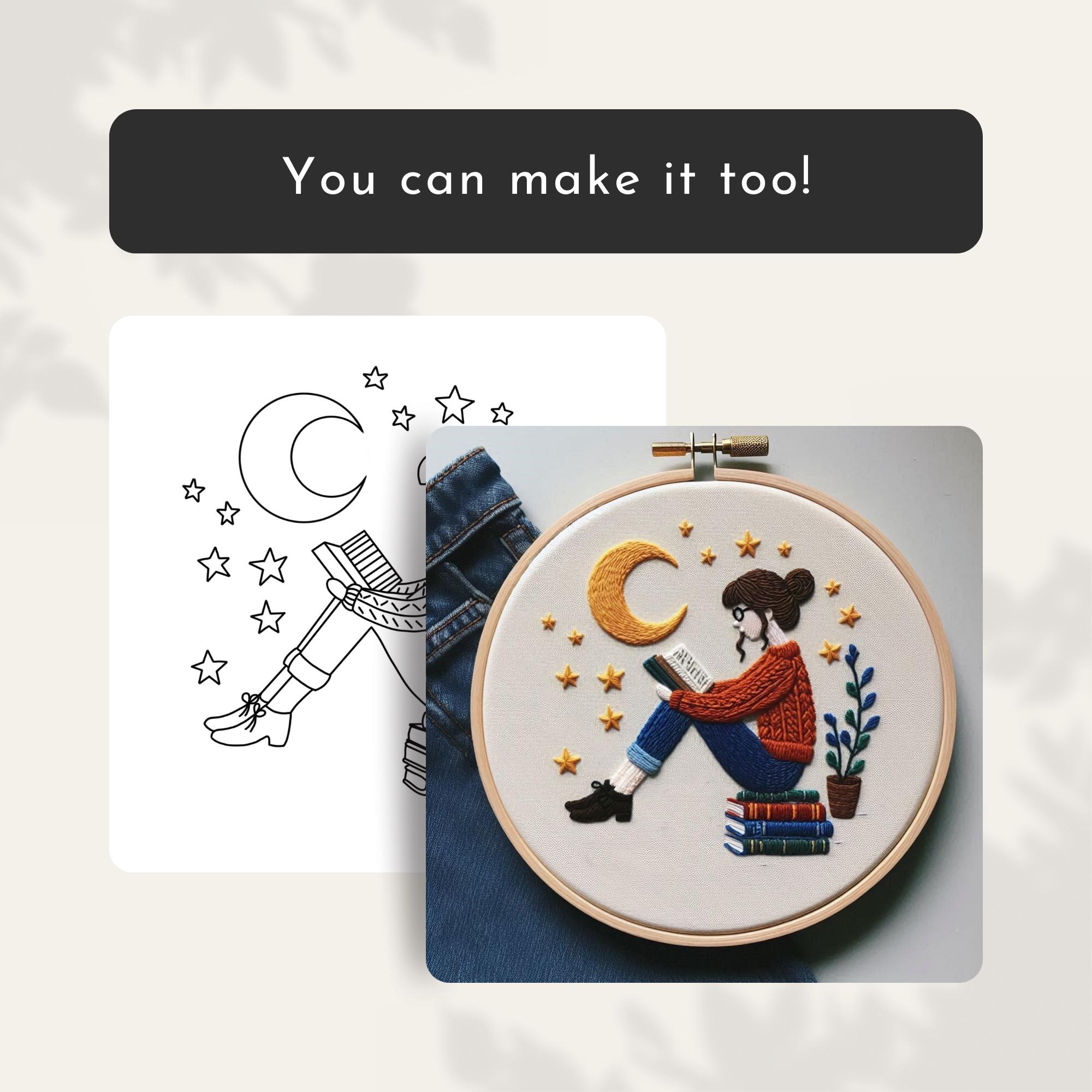 Book Lover Embroidery Pattern – Celestial Moon, Stars