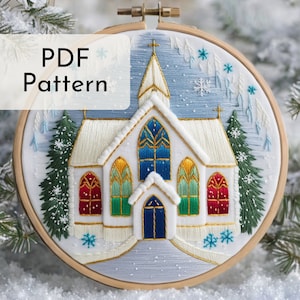 May include: Embroidered hoop art featuring a white church with stained glass windows, surrounded by snow-covered trees and snowflakes. The text "PDF Pattern" is visible in the top left corner.
