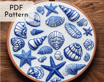 Seashell Embroidery Pattern: Coastal, Beginner Pattern, Beach Wall Art, Ocean Lover, 6 Hoop Sizes