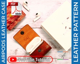 May include: A brown leather case for AirPods with a snap closure. The case is open and the white AirPods are visible inside. The image also includes a PDF download icon and a YouTube tutorial icon.