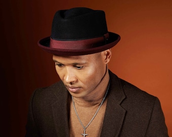 DASMARCA-Edward-Burgundy-two tone hat-felt porkpie hat-black porkpie hat-hat for men