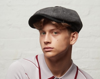 Grey Wool Blend Bakerboy Cap, Leather Peak Newsboy Hat