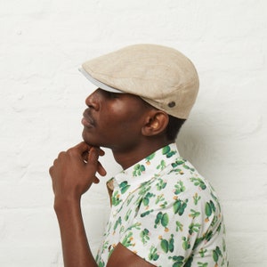 Dasmarca Logan Beige Linen Fitted Summer Cap With Leather Peak